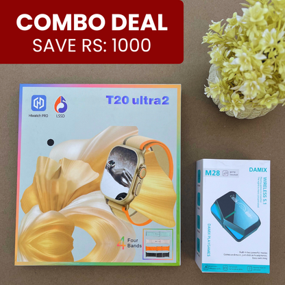T20 Ultra 4 in 1 Smartwatch + M28 Gaming Earbuds - Free Cash on Delivery