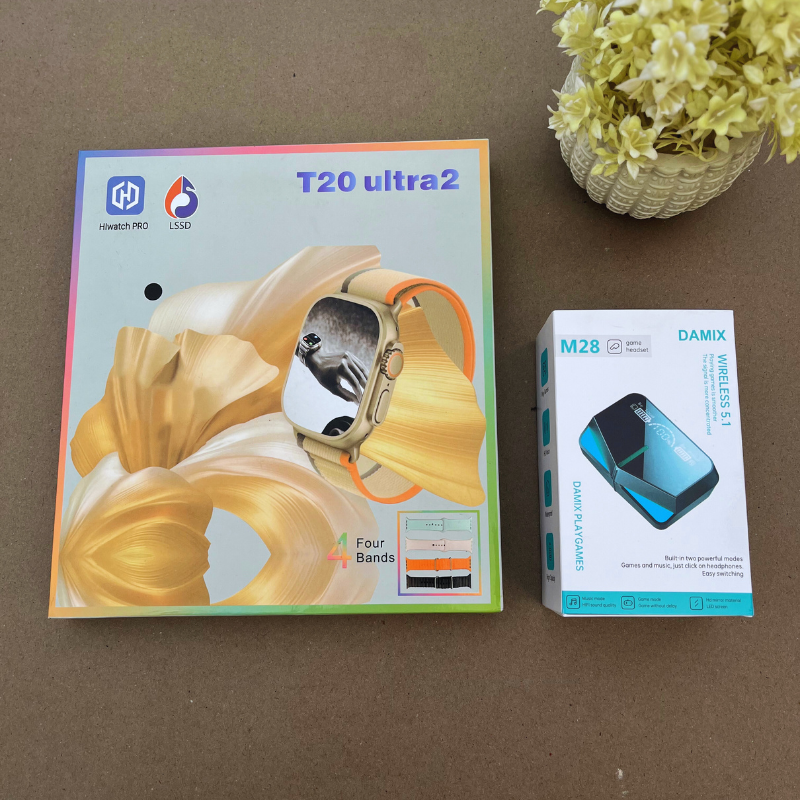 T20 Ultra 4 in 1 Smartwatch + M28 Gaming Earbuds - Free Cash on Delivery